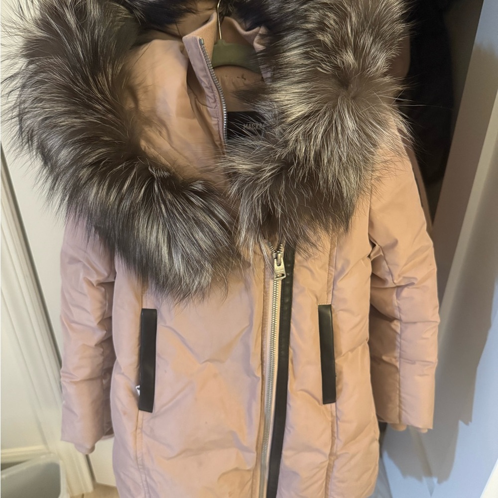 Mackage Pink and Gray Puffer Jacket with Fur Collar